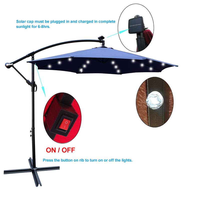 10 ft Solar Powered LED Patio Umbrella with Crank and Cross Base for Outdoor Use