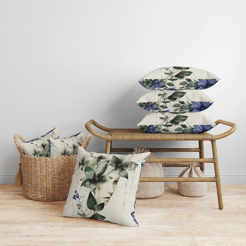 Flora Face Faux Suede Reversible Throw Pillow Green and Blue