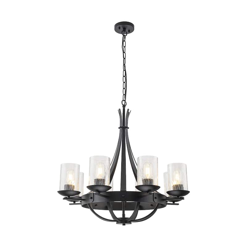 8-Light Industrial Wagon-Wheel Chandelier with Clear Cracked Glass Shades in Matte Black - 28 in. W x 28 in. H - 28 in. W x 28 in. H - Black/Clear