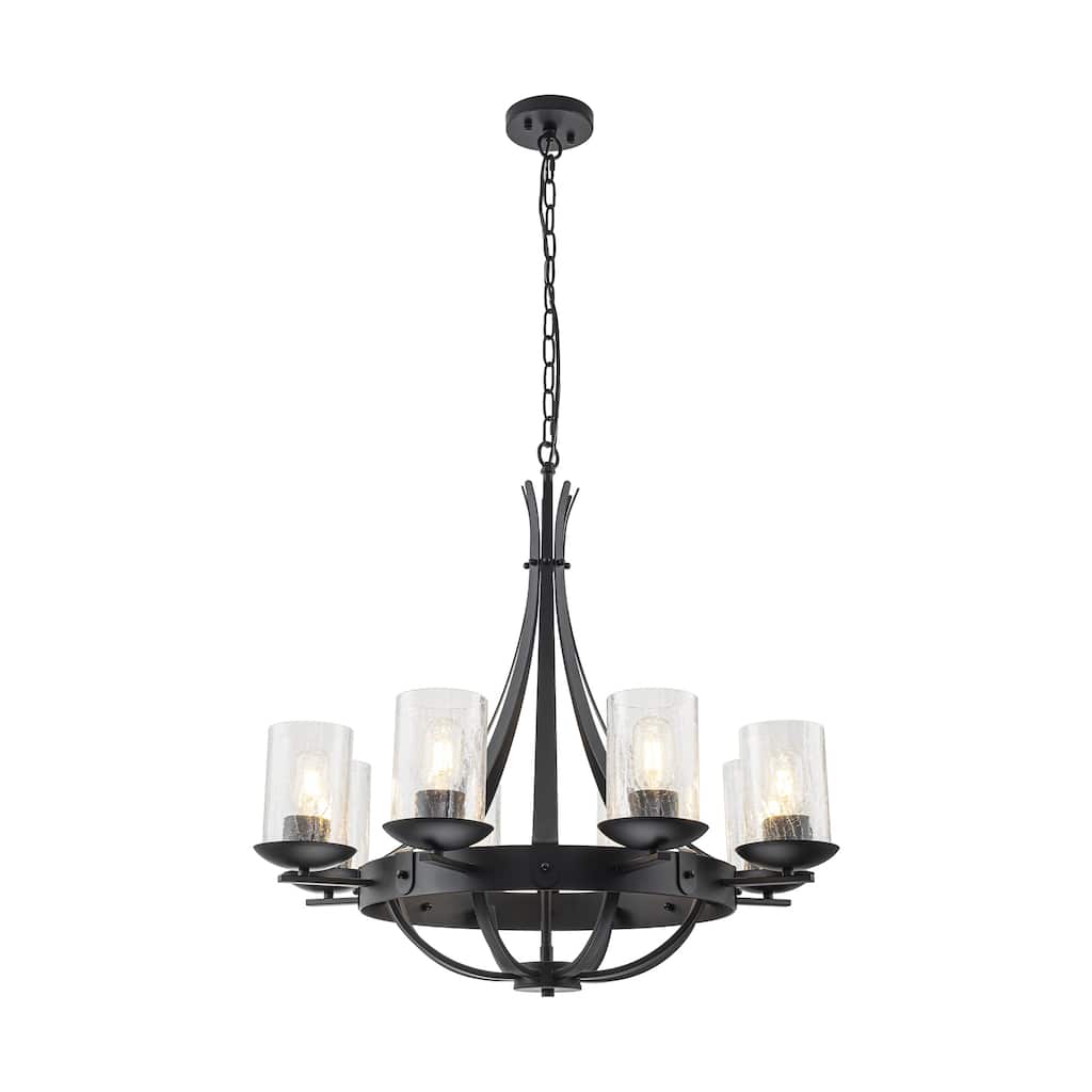 8-Light Industrial Wagon-Wheel Chandelier with Clear Cracked Glass Shades in Matte Black - 28 in. W x 28 in. H