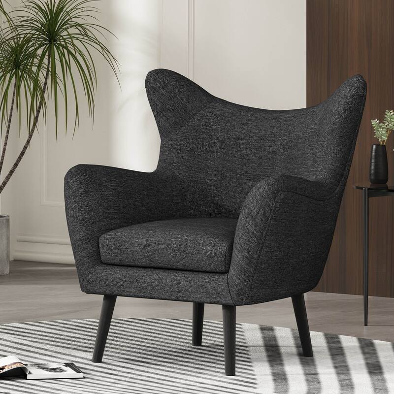 Black Modern 34.25" Upholstered Arm Chair with Oak Wood Legs and Wing Back - Black