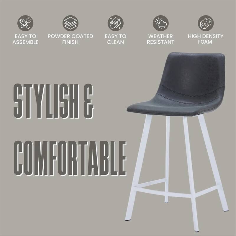Elland Leather Bar Stool - Modern Counter Height Stool with White Stainless Steel Legs for Kitchen Island or Home Bar Set of 2