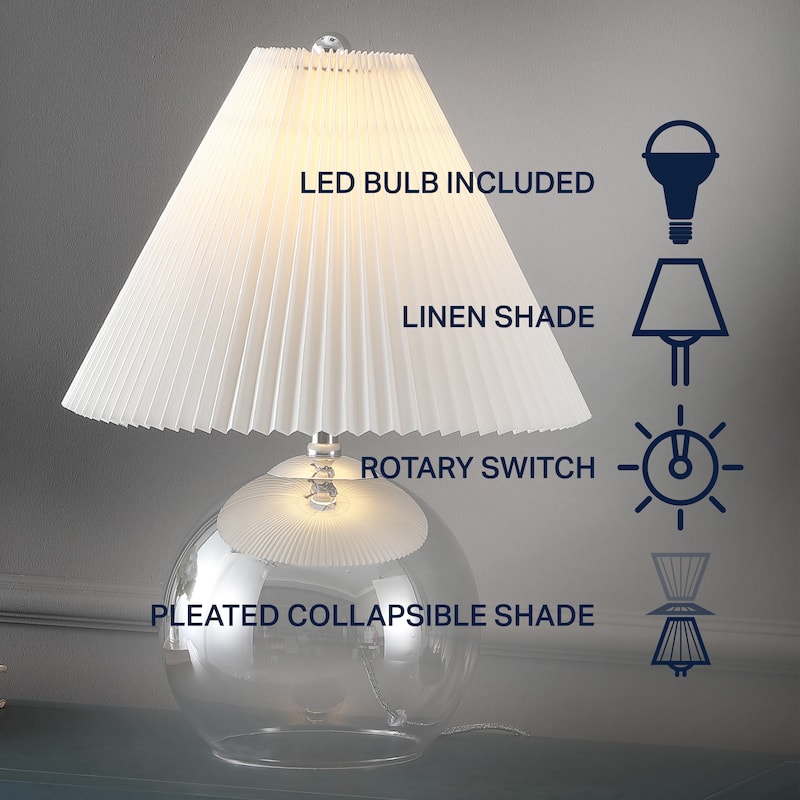Maude 22.5" Mid-Century Modern Round Glass/Iron Pleated Shade LED Table Lamp, Smoke Gradient/Chrome by JONATHAN Y