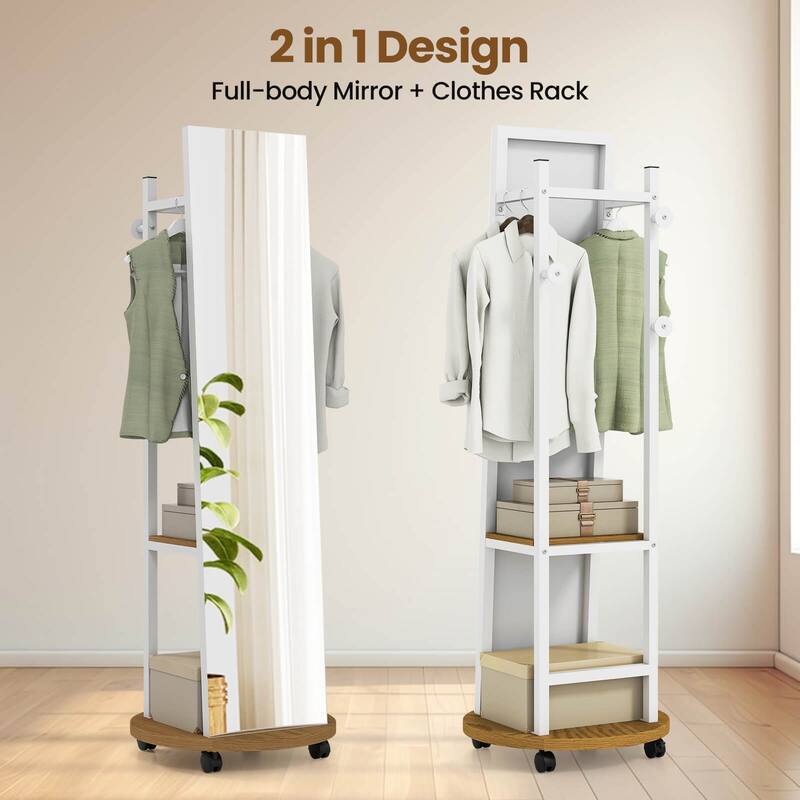 Costway Coat Rack with Full Length Mirror, 3 Hooks & Storage Shelves, - See Details