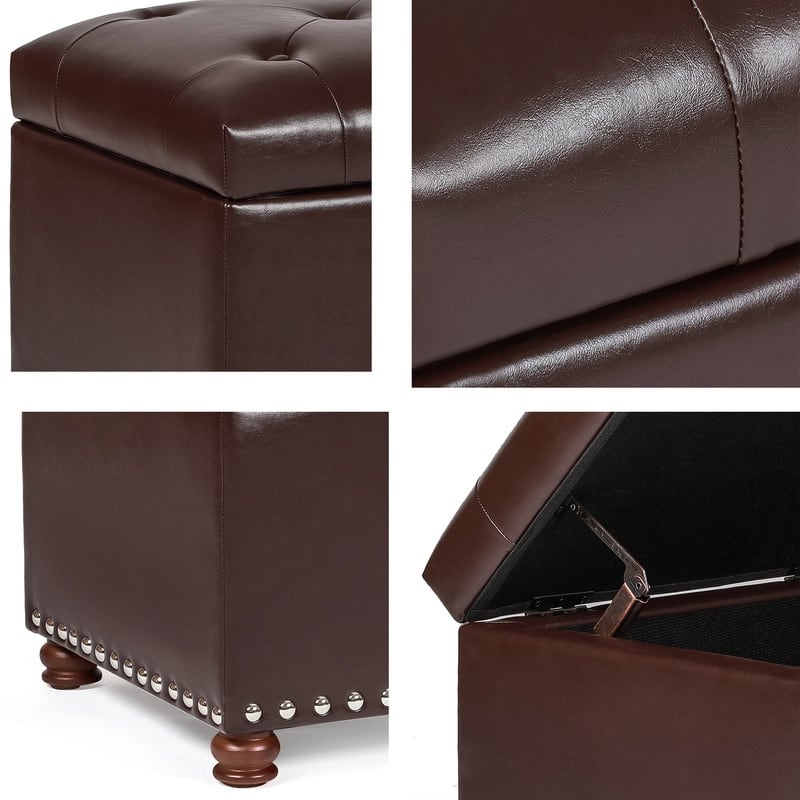 Adeco Rectangular Storage Ottoman Tufted Faux-Leather Bench Lifted Top
