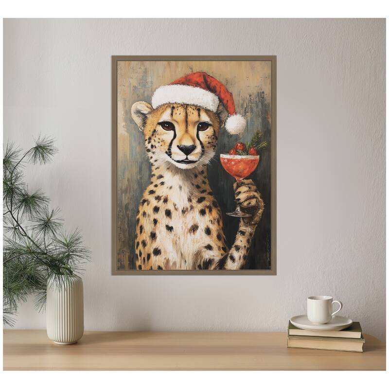 Kate and Laurel Sylvie Framed Canvas Cheetah Festive Cocktail Santa Hat by The Creative Bunch Studio