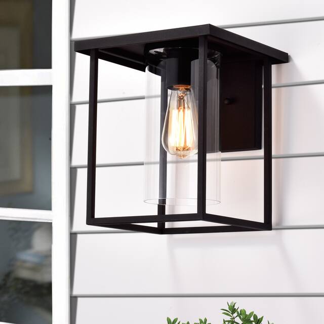 1-light Matte Black Outdoor Wall Sconce Lantern with Clear Glass Shade