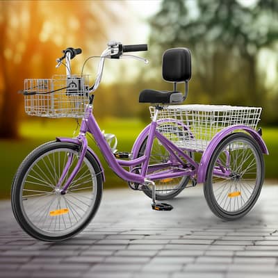 24"/26" Purple Adult Tricycle 7 Speed Trike Bike with Shimano Shifting with Removable Baskets