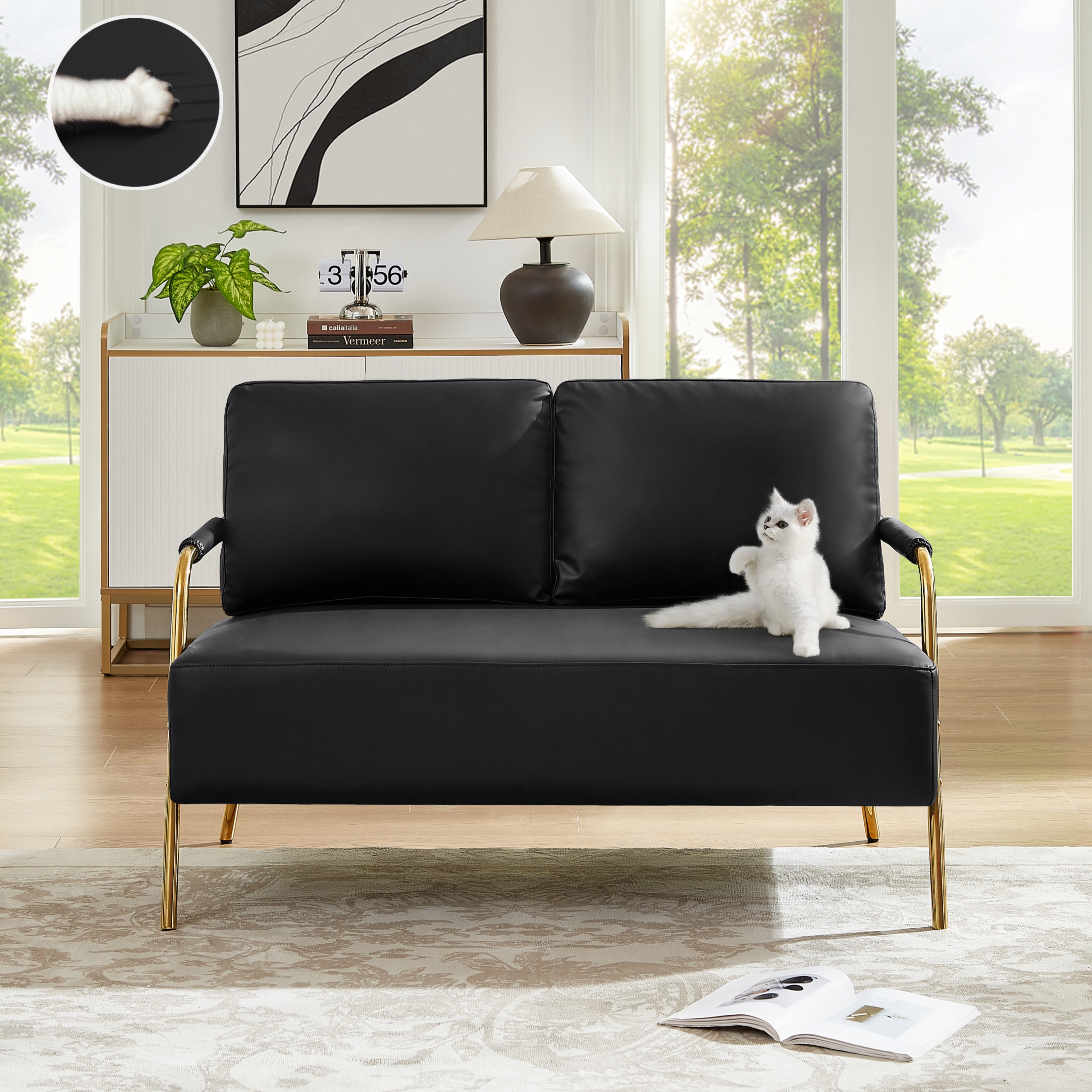 Small Sofa Seater Pet Friendly Fabric Upholstered 2 seater Couch with Removable Back Cushion and Metal Leg Black
