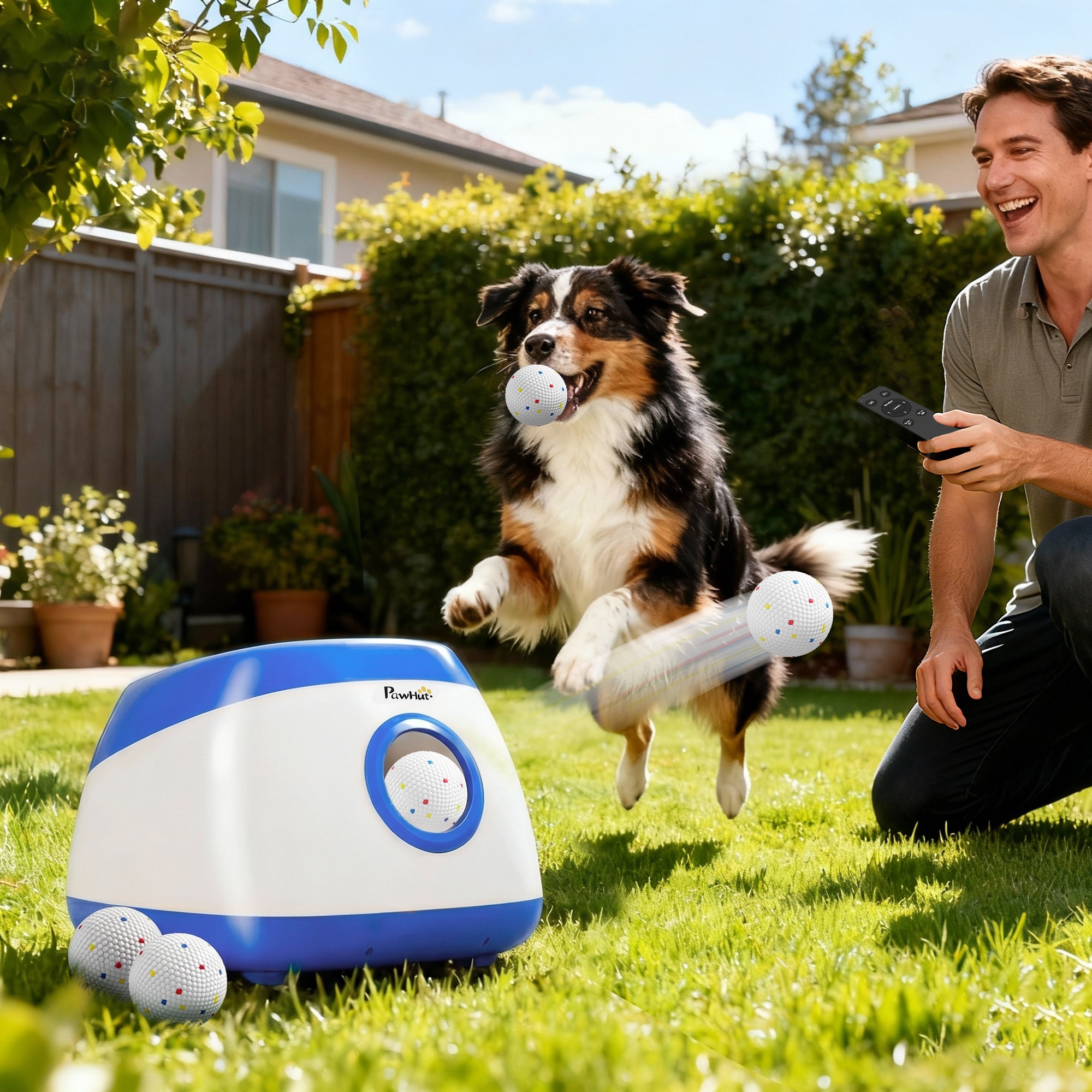 PawHut Automatic Dog Ball Launcher, Rechargeable Thrower with Remote, 3 Distances, 6 Balls, Blue