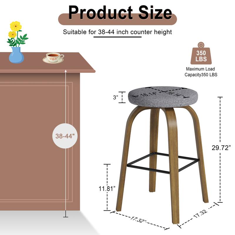 Swivel Bar Stools Set of 2, Bar Height Backless 30″Bar Stool, Fabric Upholstered Seat, Sturdy Wood Legs and Metal Footrest