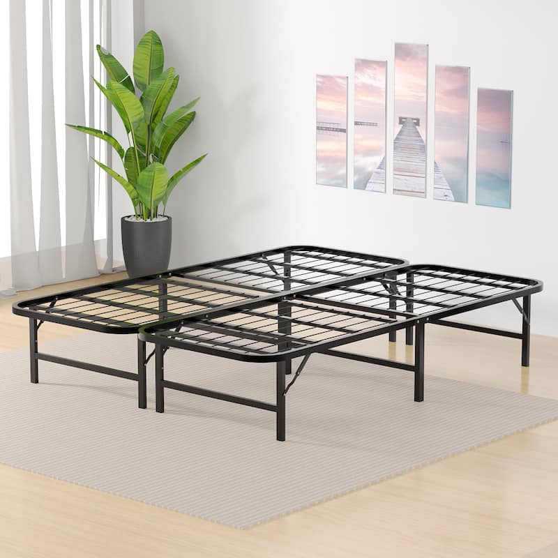 VECELO Foldable Metal Bed Frame, No Screws No Tools Folding Platform Bed, Twin, Full, Queen Size - Full