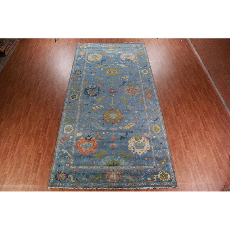 All-Over Blue Oushak Indian Large Rug Hand-Knotted Wool Carpet - 9'1" x 17'9"