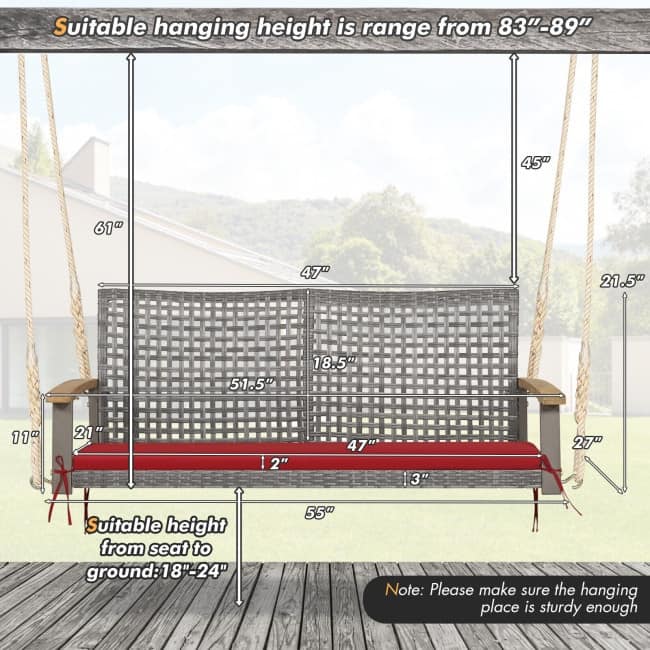 2-Person Patio Wicker Hanging Swing Chair - 55" x 27" x 21.5" (L x W x H)