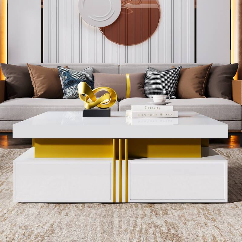 43.3" Modern Glossy Square Storage Coffee Table with 4 Drawers