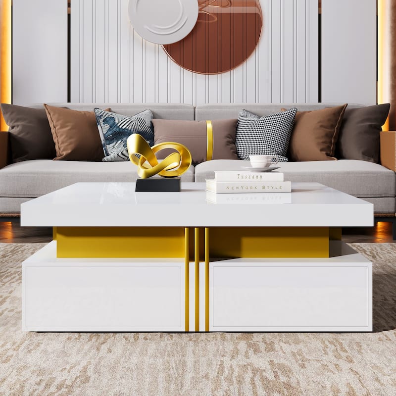 43.3" Modern Square Coffee Table with 4 Hidden Drawers, Glossy Living Room Table with Gold Accents, Space-Saving Storage Table