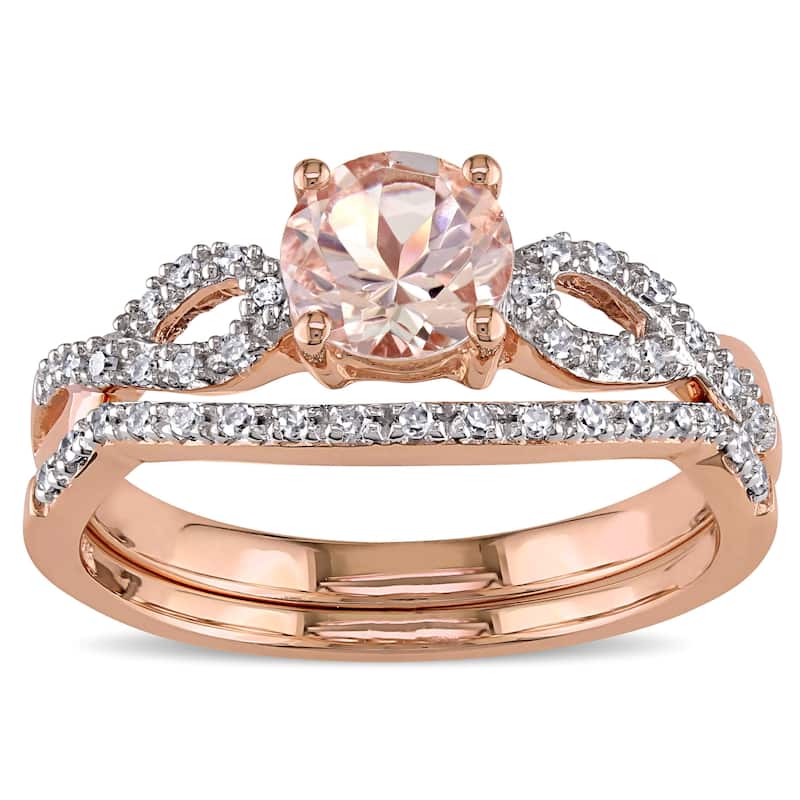 Miadora Signature Collection 10k Rose Gold Morganite and 1/6ct TDW Diamond Bridal Ring Set