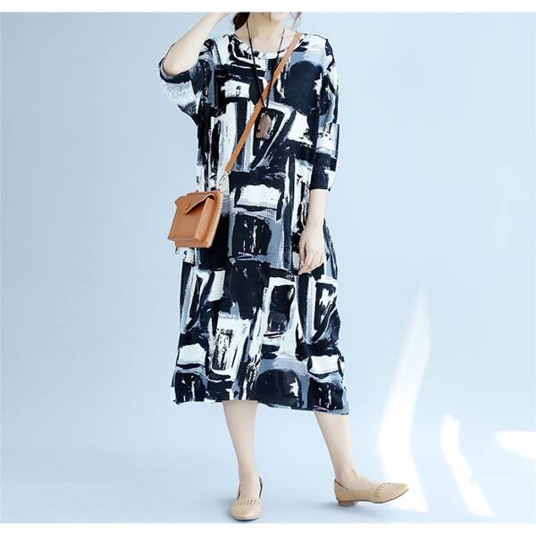 Shop Black White Abstract Print Oversized Baggy Tunic Long Dress