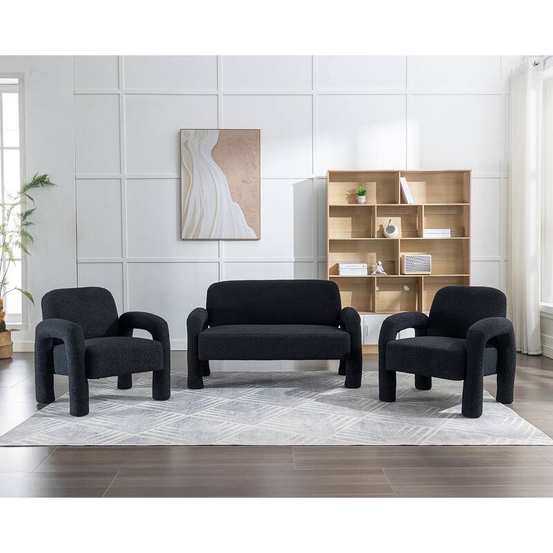 SEYNAR Mid-Century Modern Boucle 51'' Solid Wood Curved Sofa Set of 3 with Accent chair - Black