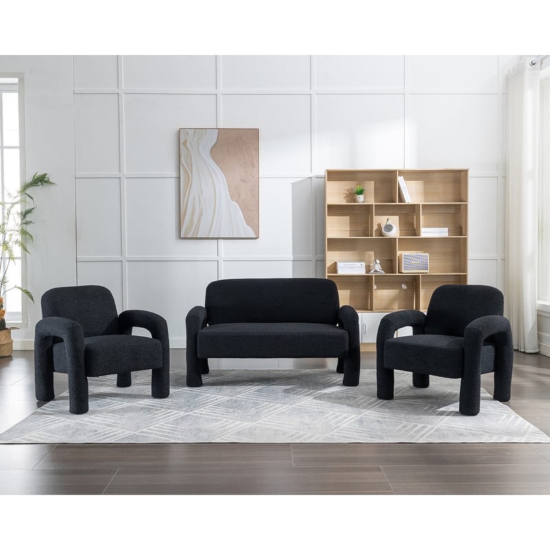 SEYNAR Mid-Century Modern Boucle 51'' Solid Wood Curved Sofa Set of 3 with Accent chair