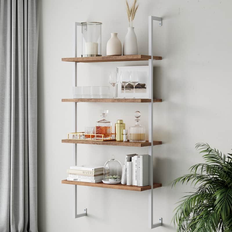 Nathan James Theo 4-Shelf Bookcase Floating Wall Mount Natural Wood Industrial Pipe Metal Frame - Oak/White
