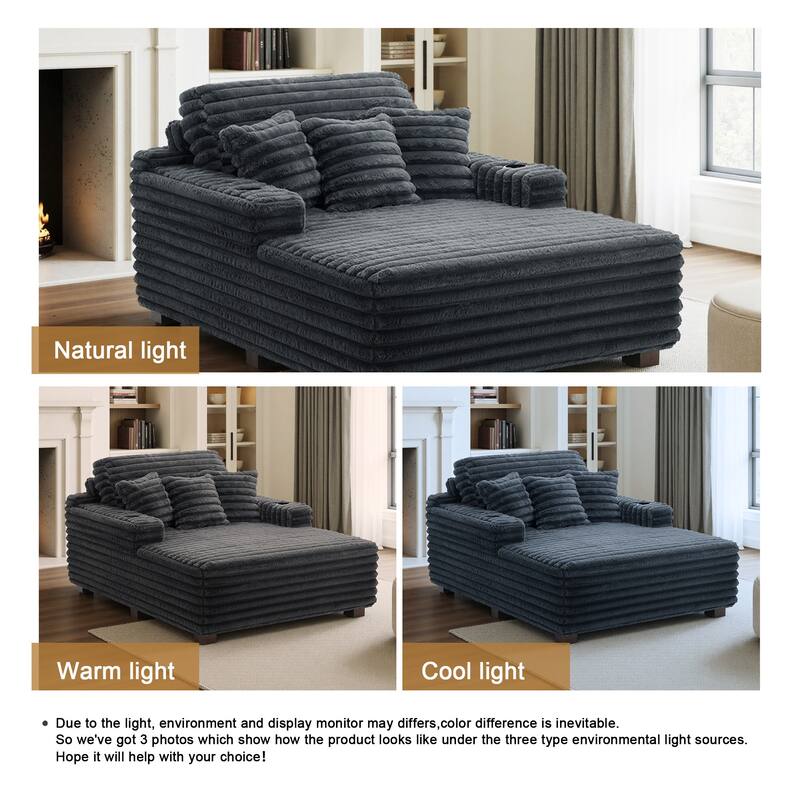 53"W Oversized Plush Fur-Like Chaise Lounge Sofa with Cup Holder