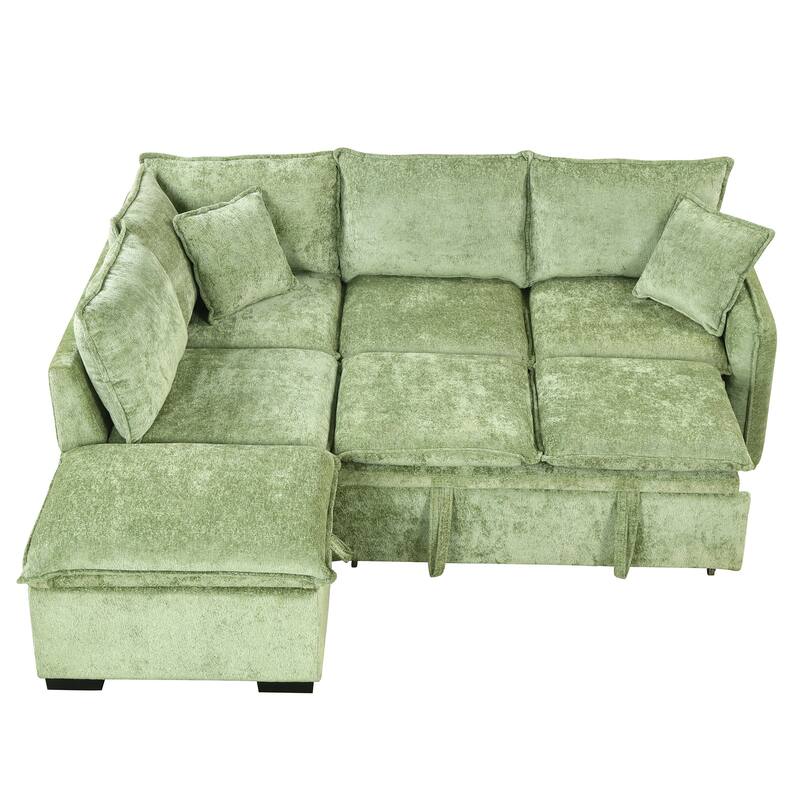 Convertible Sleeper Sofa Bed with Storage Ottoman, L-Shaped Sectional Sofa with 2 Pillows, 2 Power Sockets & 2 USB Ports