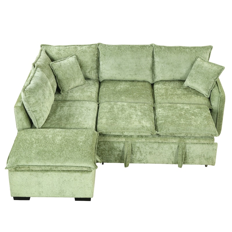 L-Shaped Pull Out Sleep Couch Bed with Storage Ottoman and 2 Pillows, 82.67" Sectional Sofa with 2 USB Ports