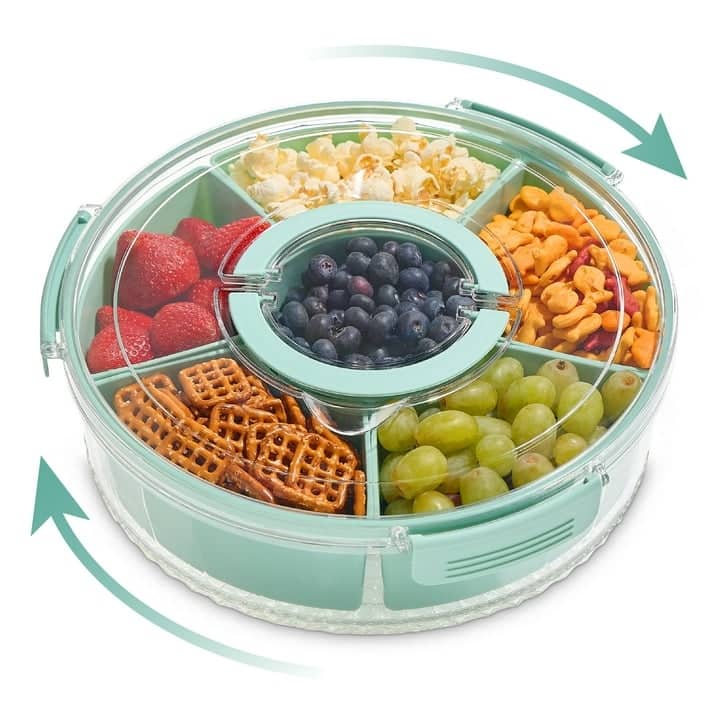COOK WITH COLOR Round Snackle Box – 6-Compartment Serving Tray with Lid and Handle,Kids Lunch Box & Meal Prep Snack Container