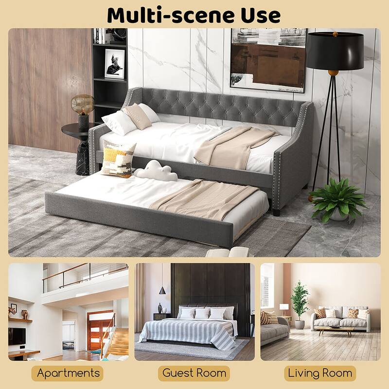 Gymax Twin Size Daybed w/ Trundle wingback Armrests & Button Tufted
