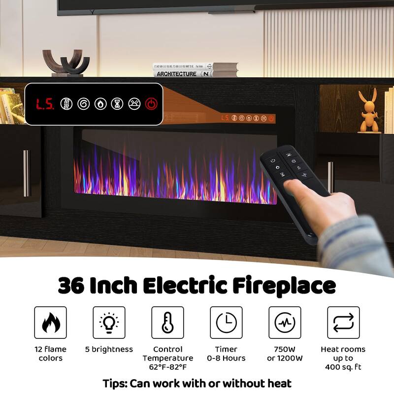 BOSSIN 80" Modern Electric Fireplace TV Stand with 20-Color LED Lights, Fits Up to 90" TV, Adjustable Shelves & Storage Cabinets