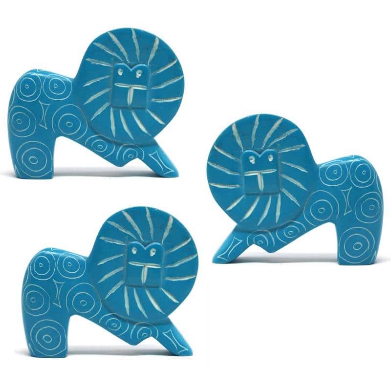Small Soapstone Lion Figurine - Set of 3, Turquoise