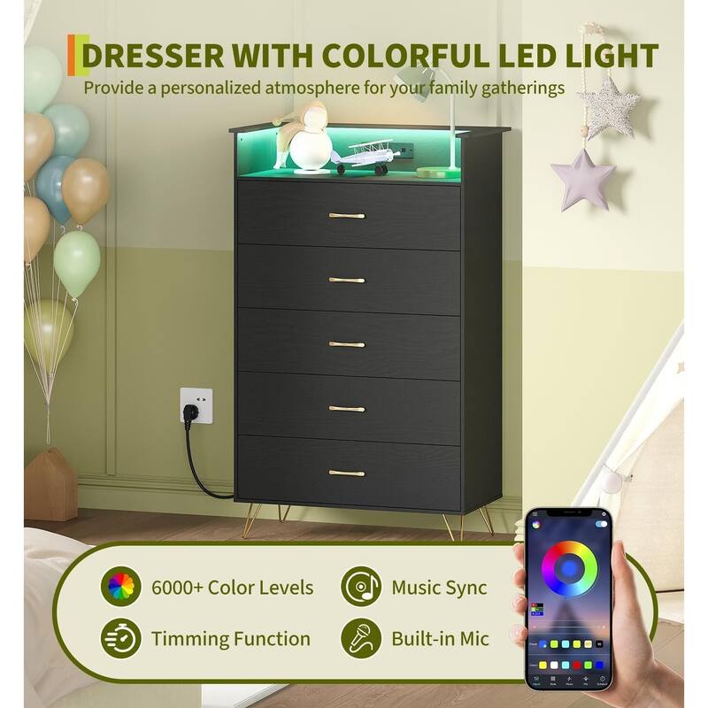 5-Drawer Dresser for Bedroom with Charging Station & RGB Lights