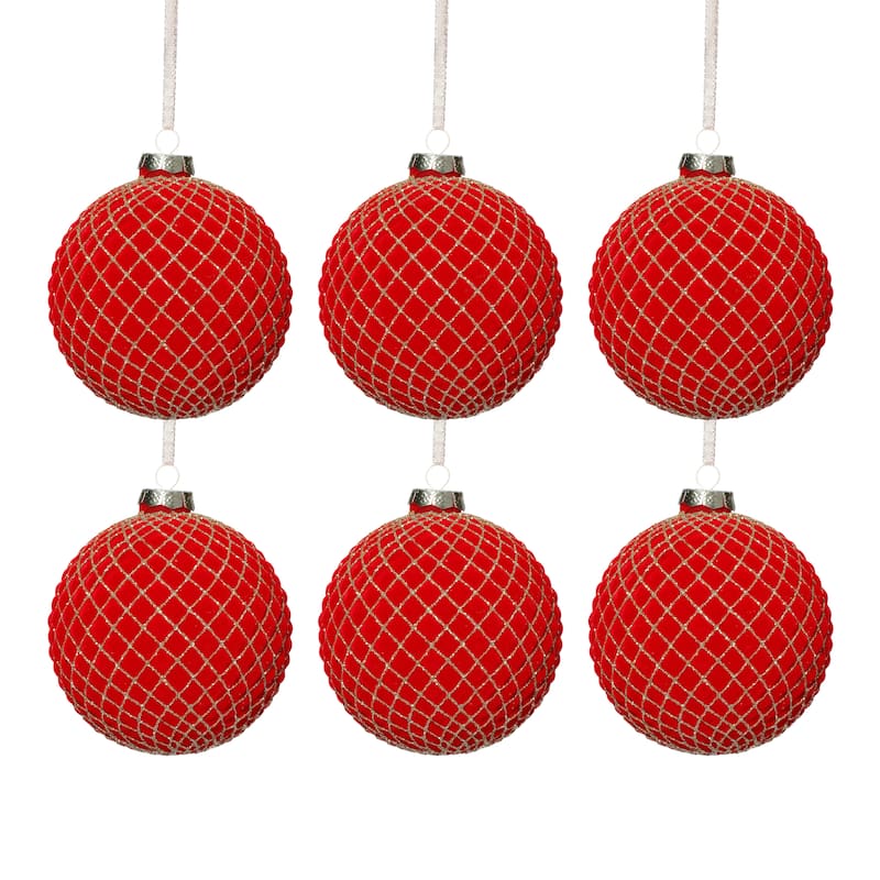 Flocked Glass Ball Christmas Ornaments with Gold Accents, Set of 6, 4"