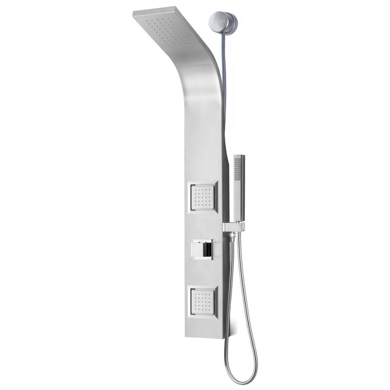 Aura 2-Jetted Shower Panel with Heavy Rain Shower & Spray Wand - Brushed Steel