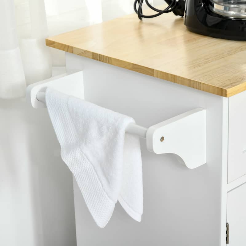 Mobile Kitchen Island On Fixed Wheels with Storage Space, 2 Drawers, 3 Cupboards, Adjustable Shelves and Towel Rack, White