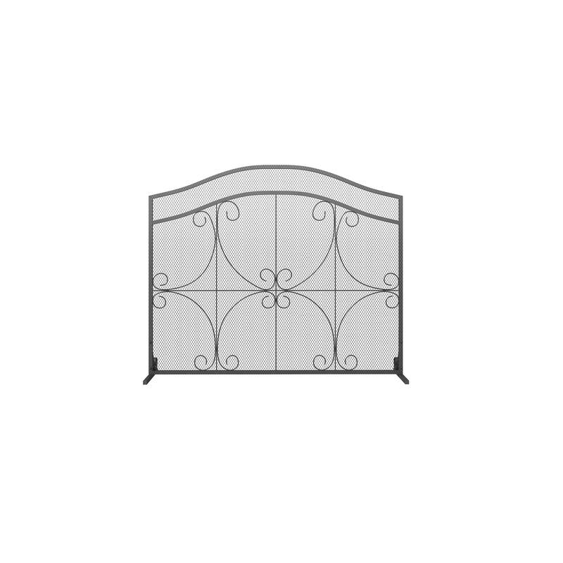 Vintage Wrought Iron Fireplace Screen with Arched Top, Decorative Scroll Design, Sturdy Mesh Spark Guard for Home Hearth