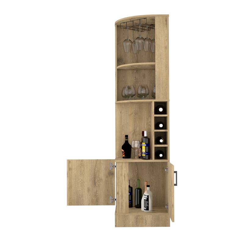 Syrah Corner Bar Cabinet, Eight Bottle Cubbies, Double Door, Two Open Shelves