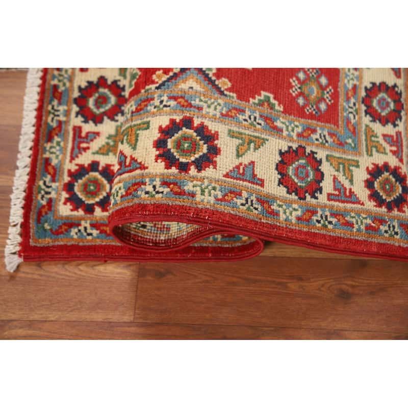 Red Geometric Kazak Oriental Accent Rug Hand-Knotted Wool Carpet - 2'0" x 3'0"