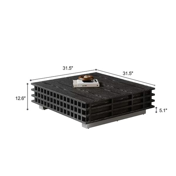 31.5" Black Multi-Layer Solid Wood Square Coffee Table with 2 Grid Finish Drawers