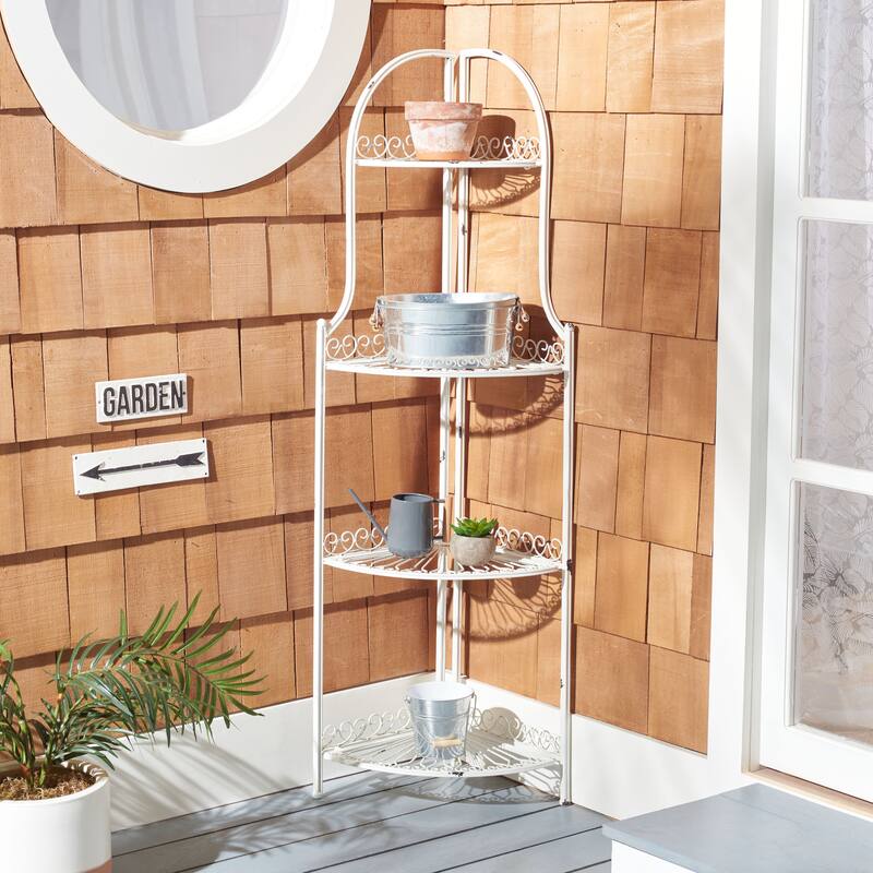 SAFAVIEH Shyla Victorian Wrought Iron 4-Tier Outdoor Corner Shelf - 14 In. W x 14 In. D x 60 In. H - 14Wx14Dx60H - Antique White