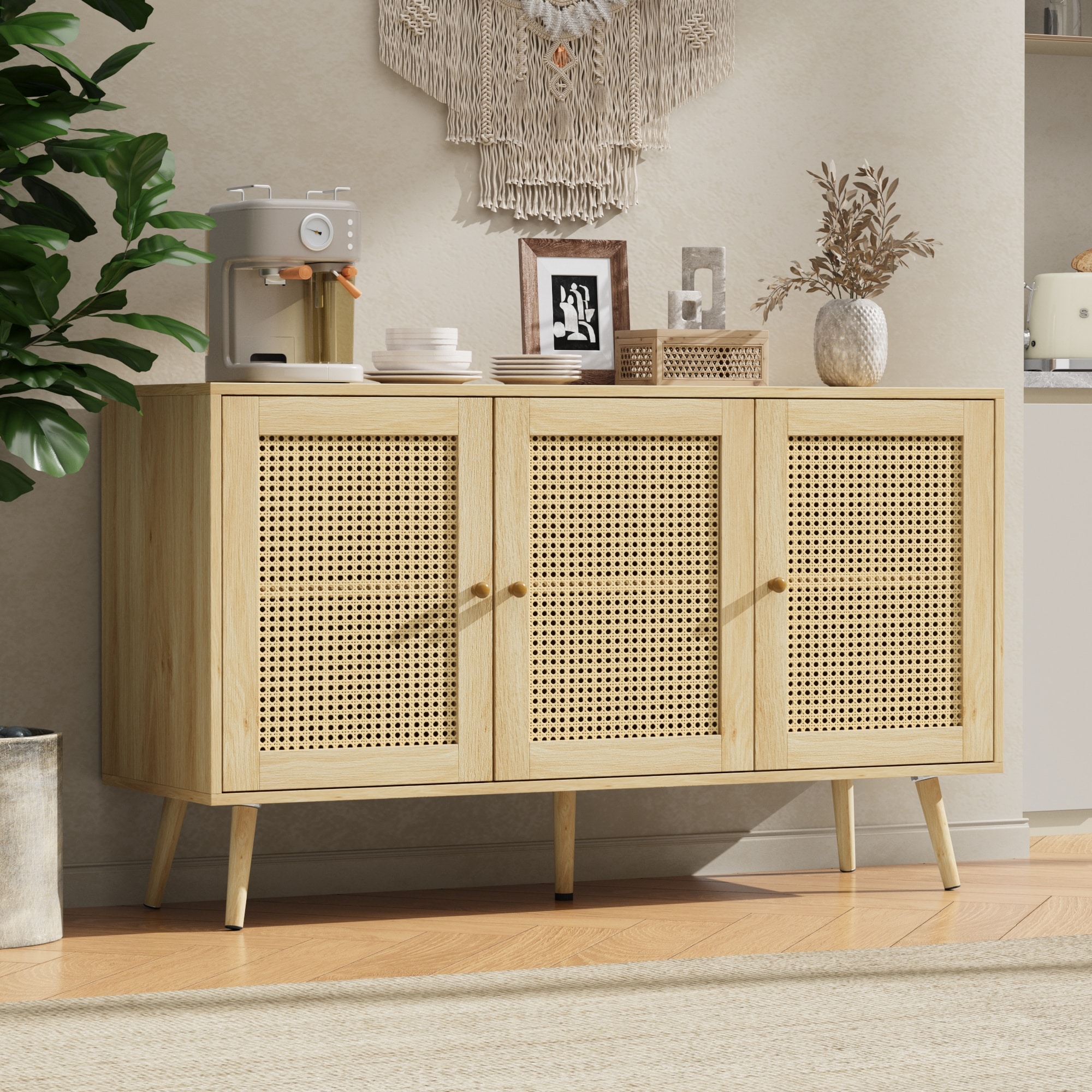 Buffet Cabinet with Storage, 47.2" Rattan Sideboard with Adjustable Shelves, Modern Coffee Bar Credenza