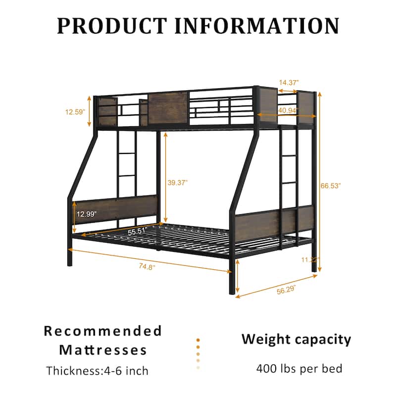 Twin Over Full Bunk Beds,Metal Bunk Bed Frame with Safety Guardrail and 2 Ladder,Sturdy Metal Frame