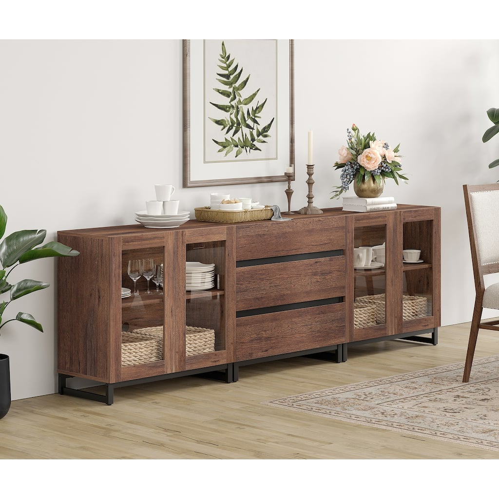 WAMPAT 3 in 1 Modern Sideboard with Glass Doors and 3 Drawers, Coffee Bar Cabinet for Kitchen