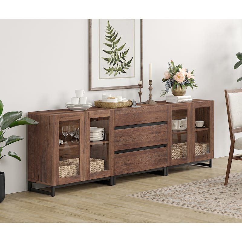 WAMPAT 3 in 1 Modern Sideboard with Glass Doors and 3 Drawers, Coffee Bar Cabinet for Kitchen - 94.5 inches - Brown
