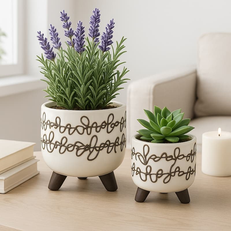 Ceramic Footed Round Planter - Set of 2