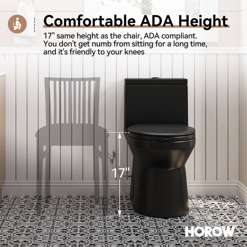 HOROW One Piece 0.8/1.28 GPF Dual Flush Elongated Black Toilet with Soft Close Seat - N/A
