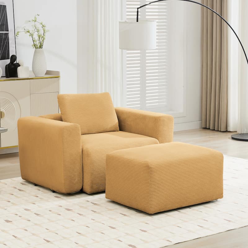Corduroy Sectional Modular Sofa with Square Arms & Ottoman Extension for Flexible Arrangements
