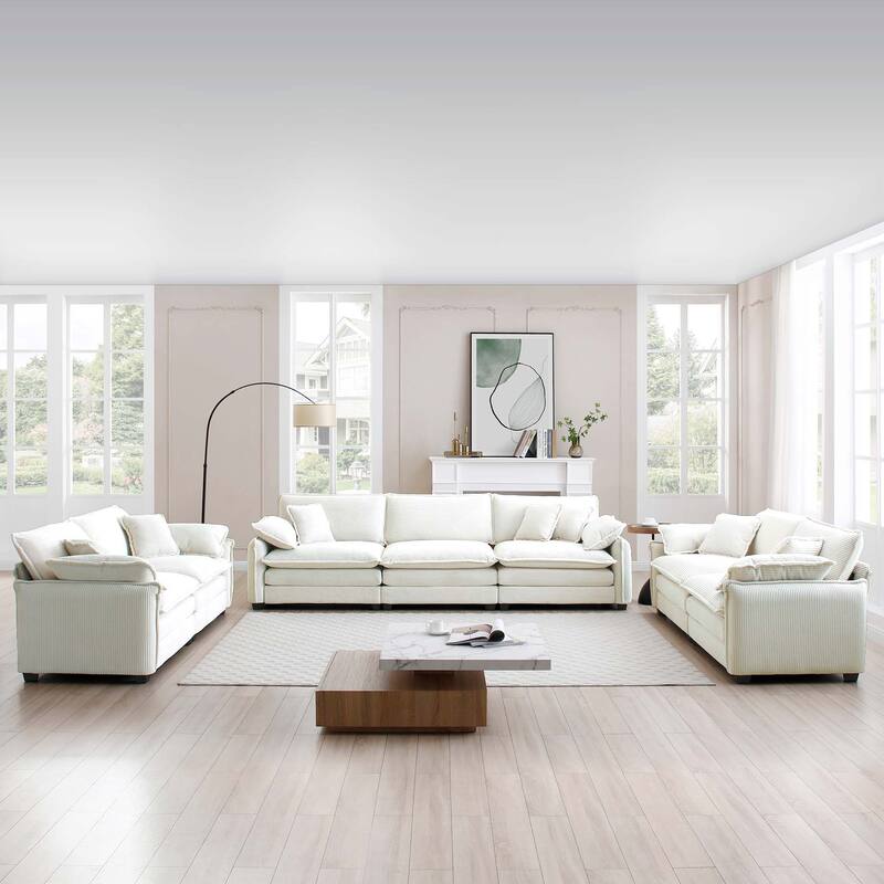 3+2+2 Seater Corduroy Flexible Combinations Sofa Set with Pillowss - Beige