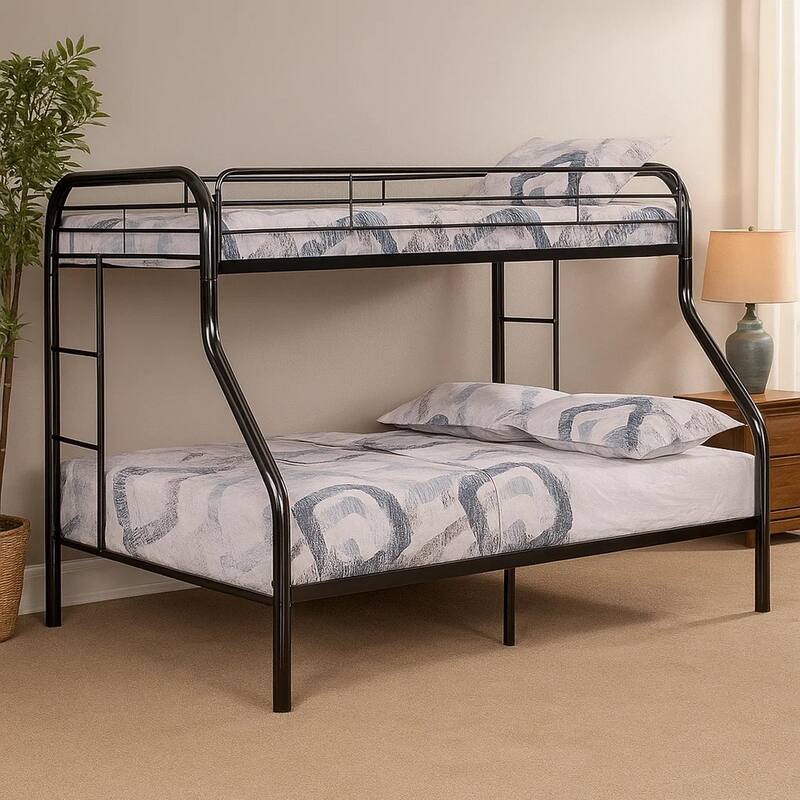 Fegy Twin over Full Bunk Bed with Ladder and Rails, Black Metal Frame